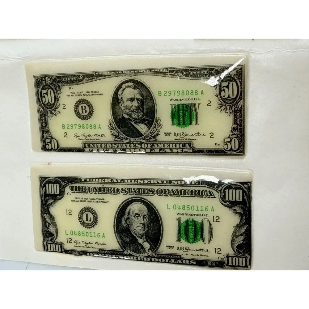 VIntage Toy 3" Plastic Puffy Stickers NOS 1980's Fake Play Dollars Money Bills - Picture 2 of 6